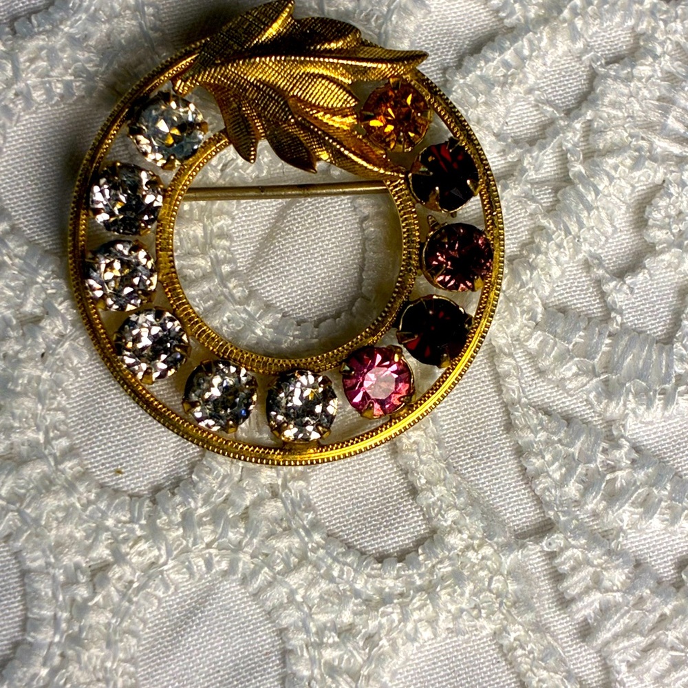 DCE Curtis 14K Gold Filled Wreath Brooch Colorful Rhinestones Vintage Jewelry